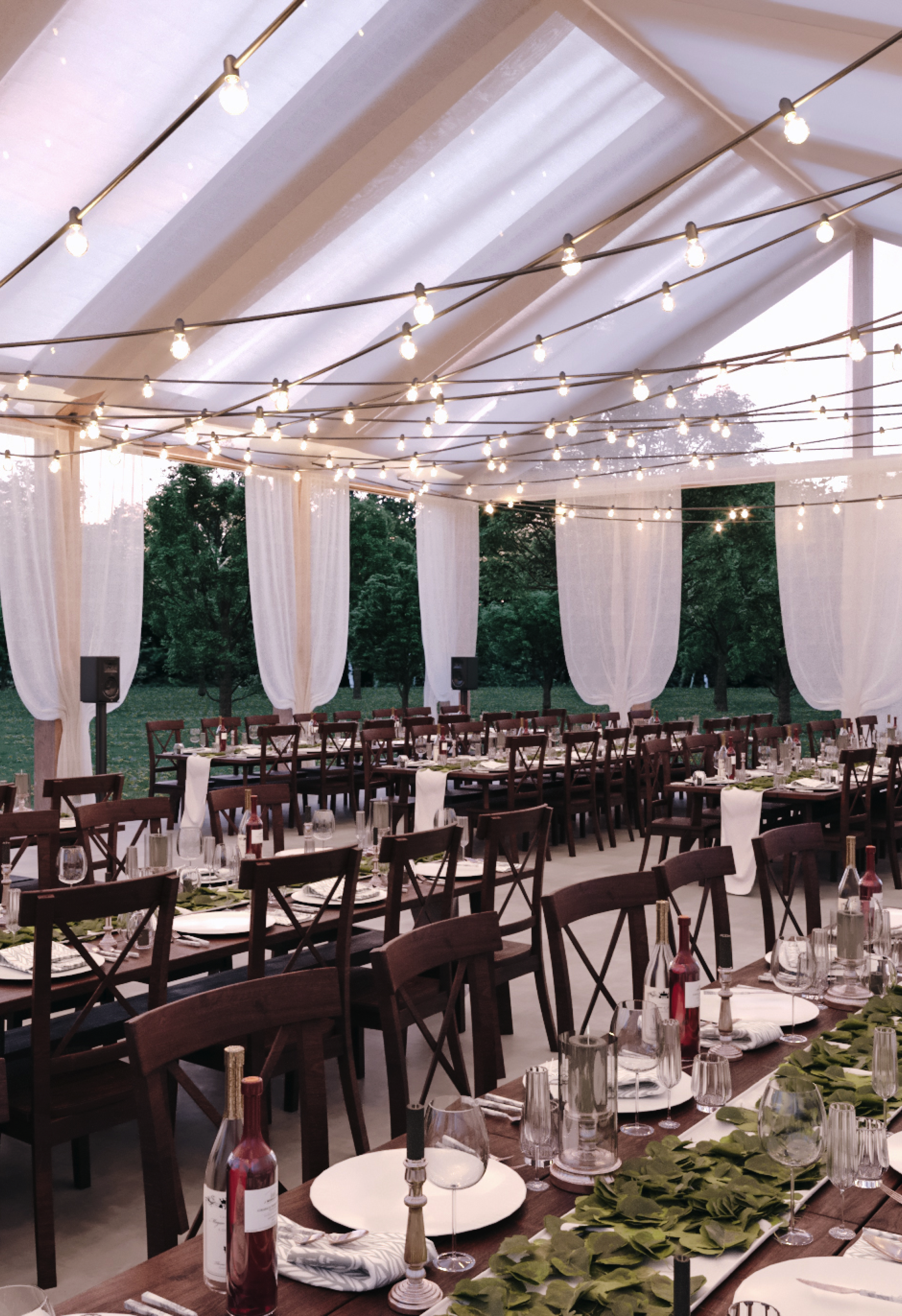 Realistic image production of exterior rendering for wedding dinner featuring lighting, cutlery and tent in 3dsm and vray