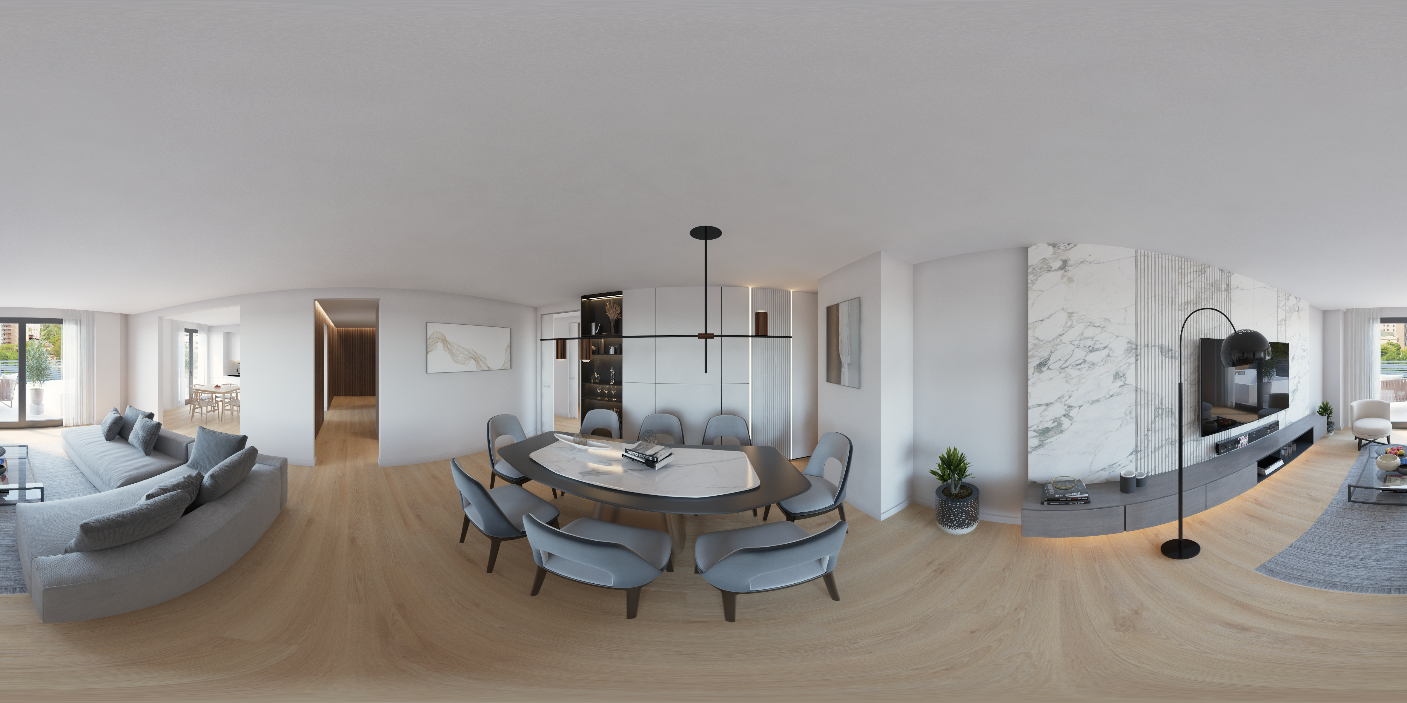 Incredibly fast delivery of 360 rendering for virtual reality experience of luxury home in italy with marble walls, design pendant lights, oak floors, and dark wood media set