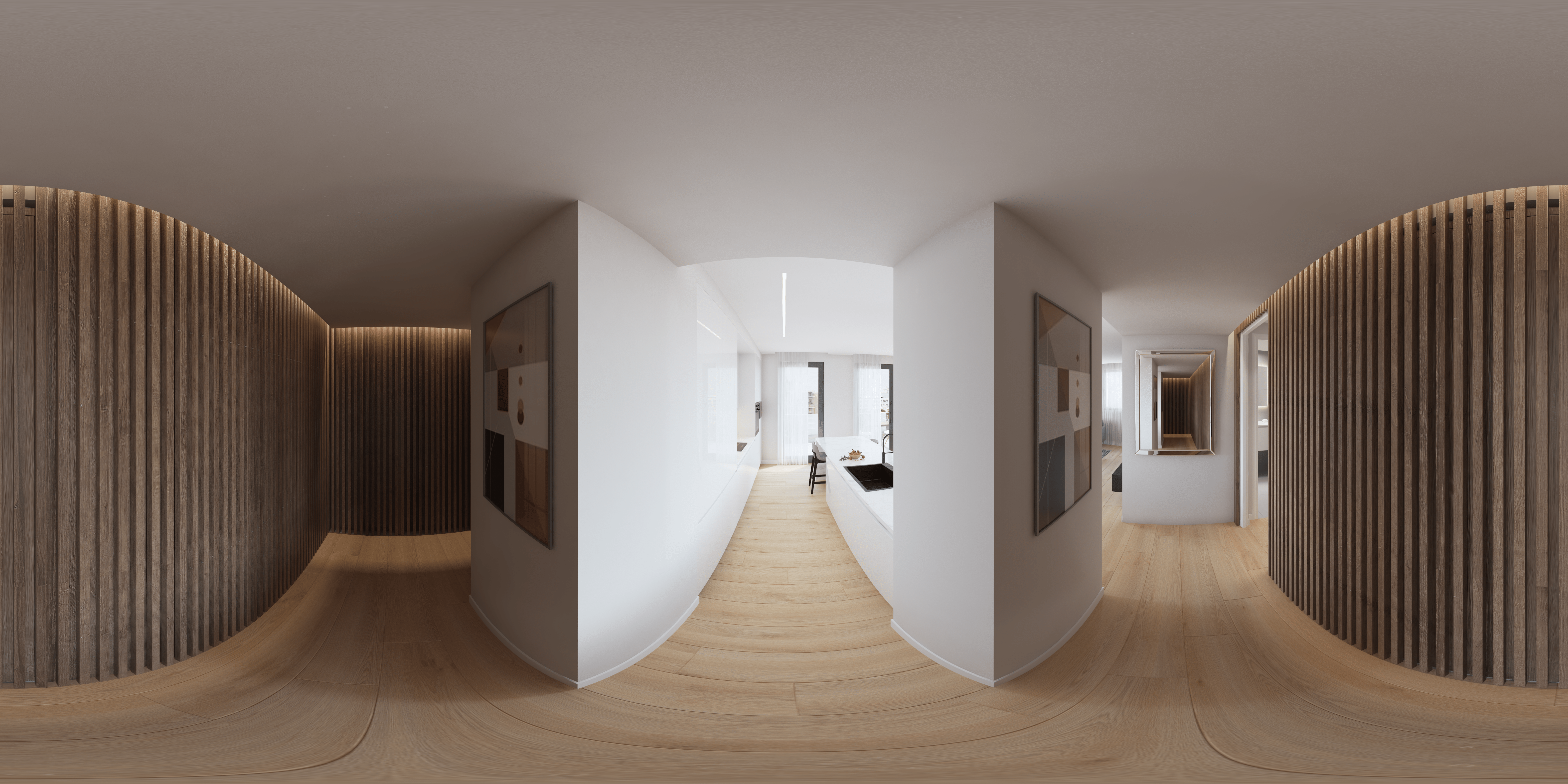 ultra fast render delivery of hallway with wooden striped walls, oak floors, white walls with art piece, using user friendly online rendering platform for interior designers