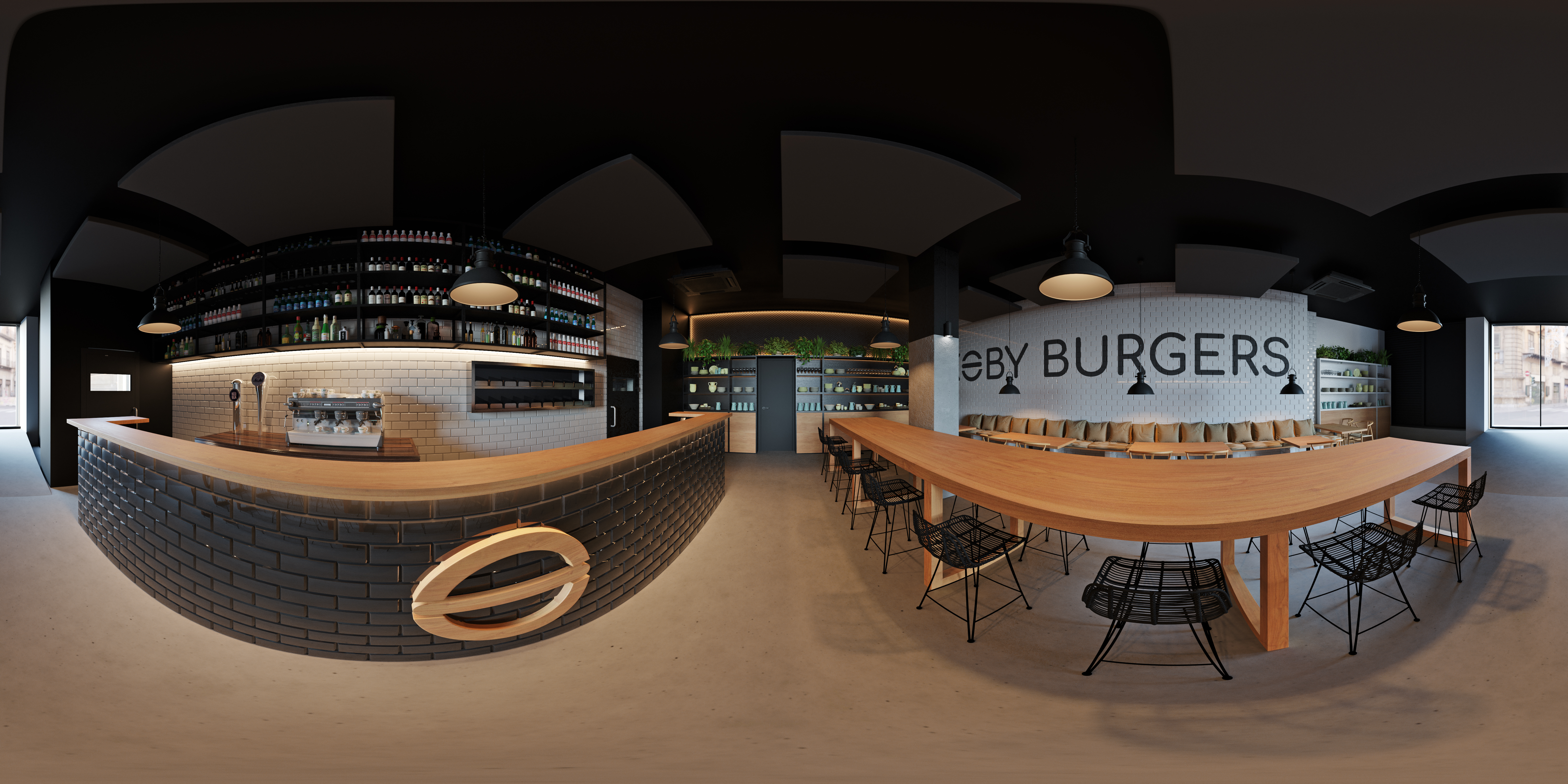 Incredible immersive high quality 360 rendering of restaurant chain with open bar with black tiles, brand wooden logo, long sharing table and concrete floors