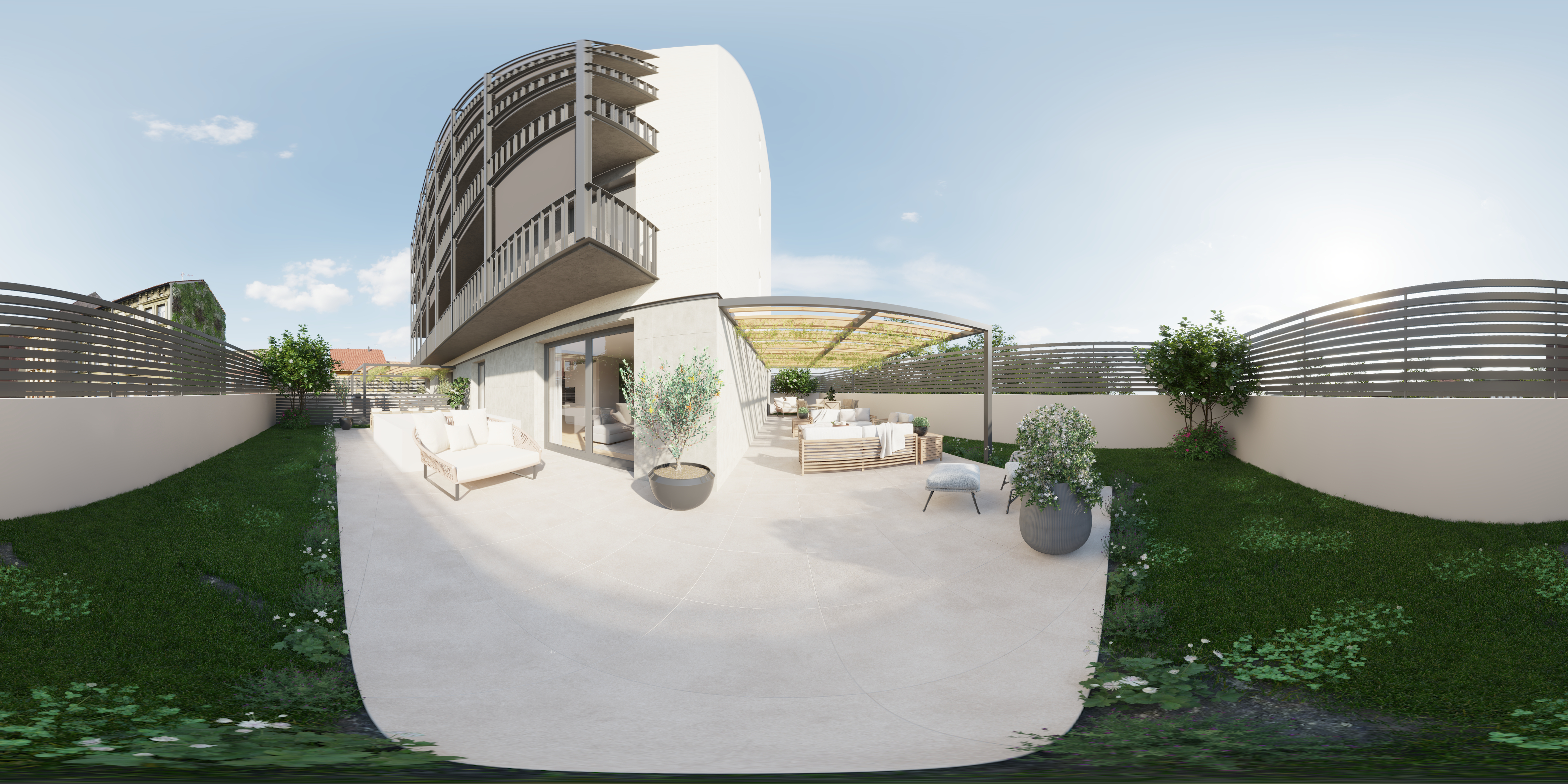 Immersive 360 render of hotel pool area with realistic outdoor furniture and greenery, rattan outdoor chairs, steel balconies, olive trees and white tile facade