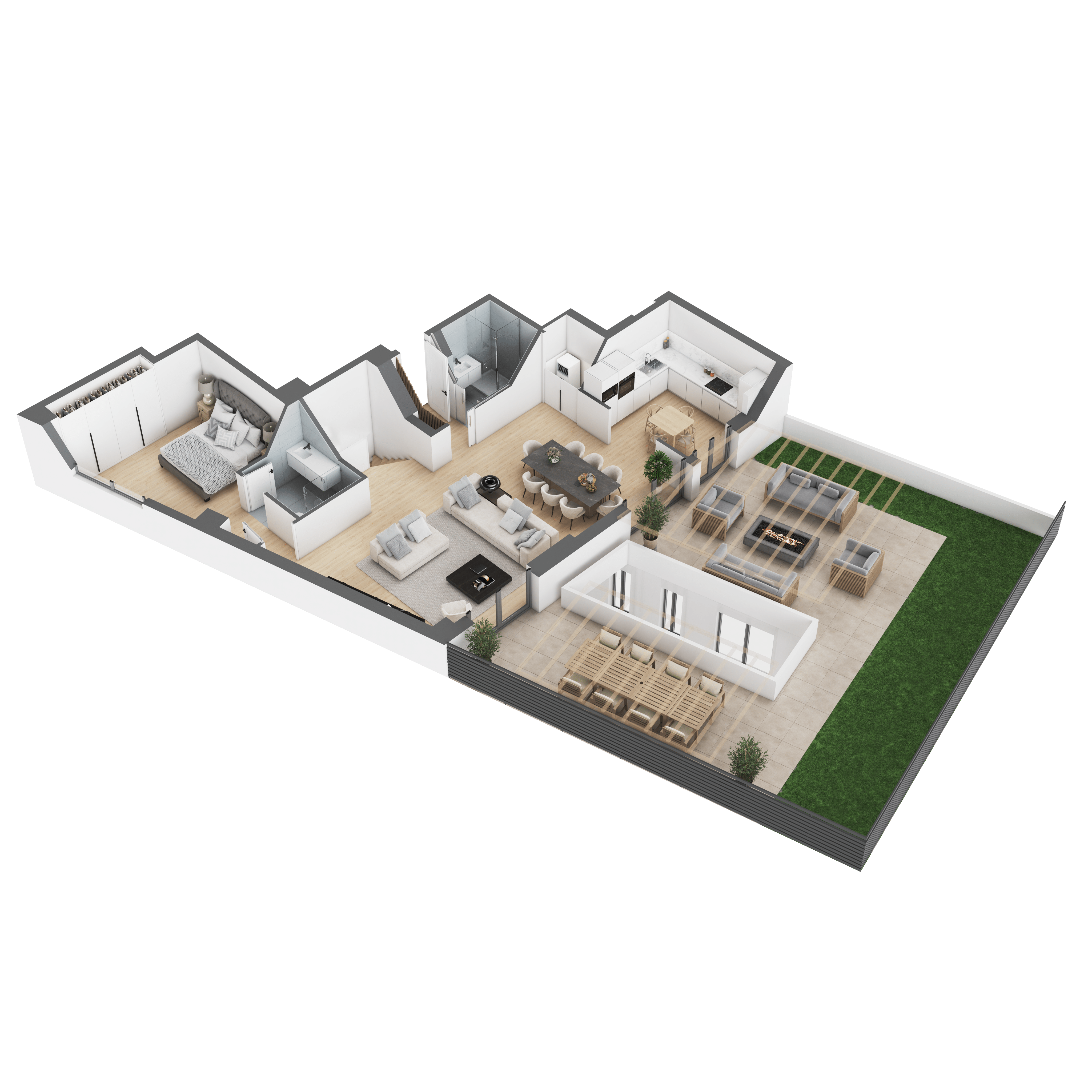 High definition 3d model of apartment in portugal for real estate firm featuring high quality furniture, outdoor space, and 4k rendering