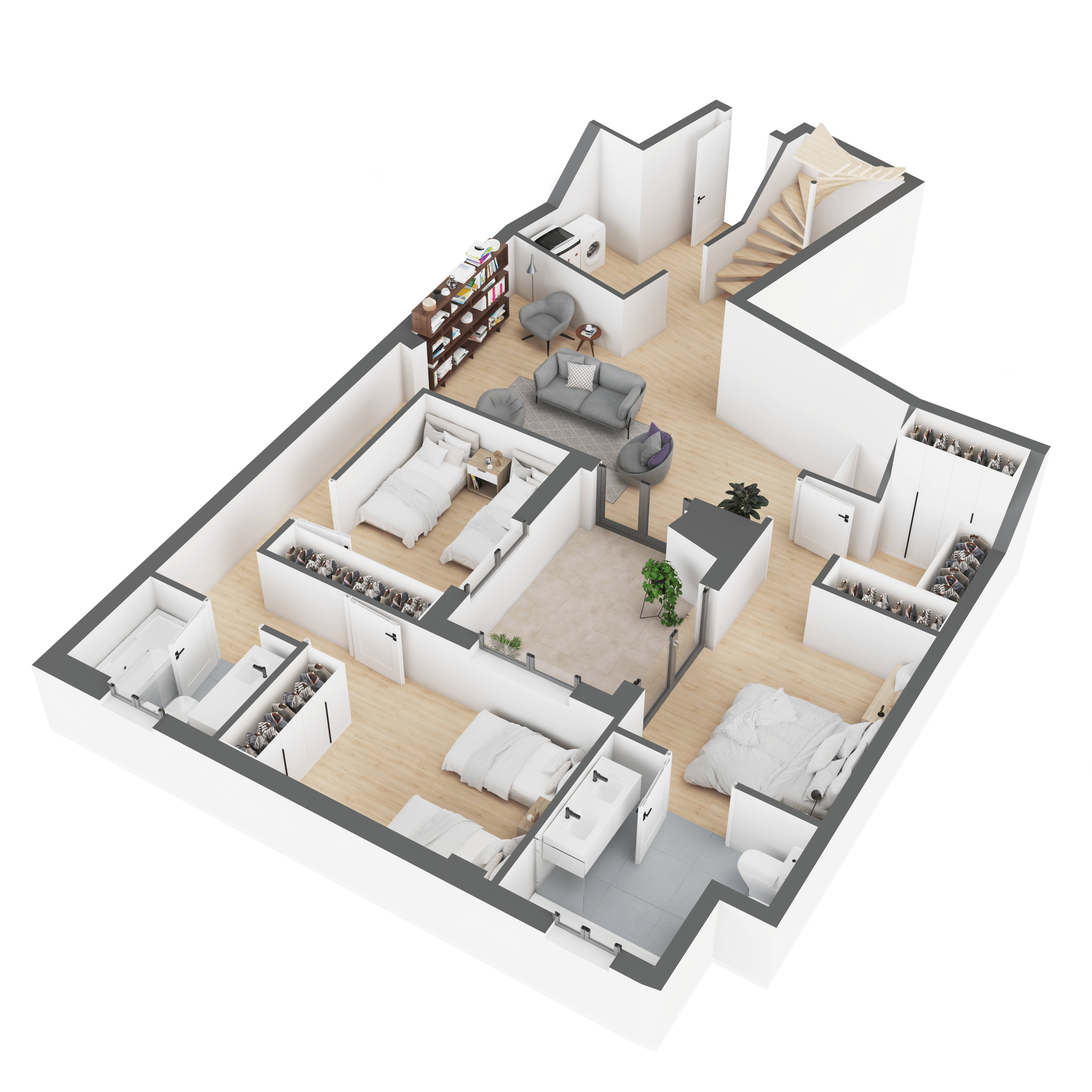Ultra fast delivery of 3d model rendering of house ground floor in london, with 4 rooms, interior skylight and incredibly realistic 3d objects using online rendering tool