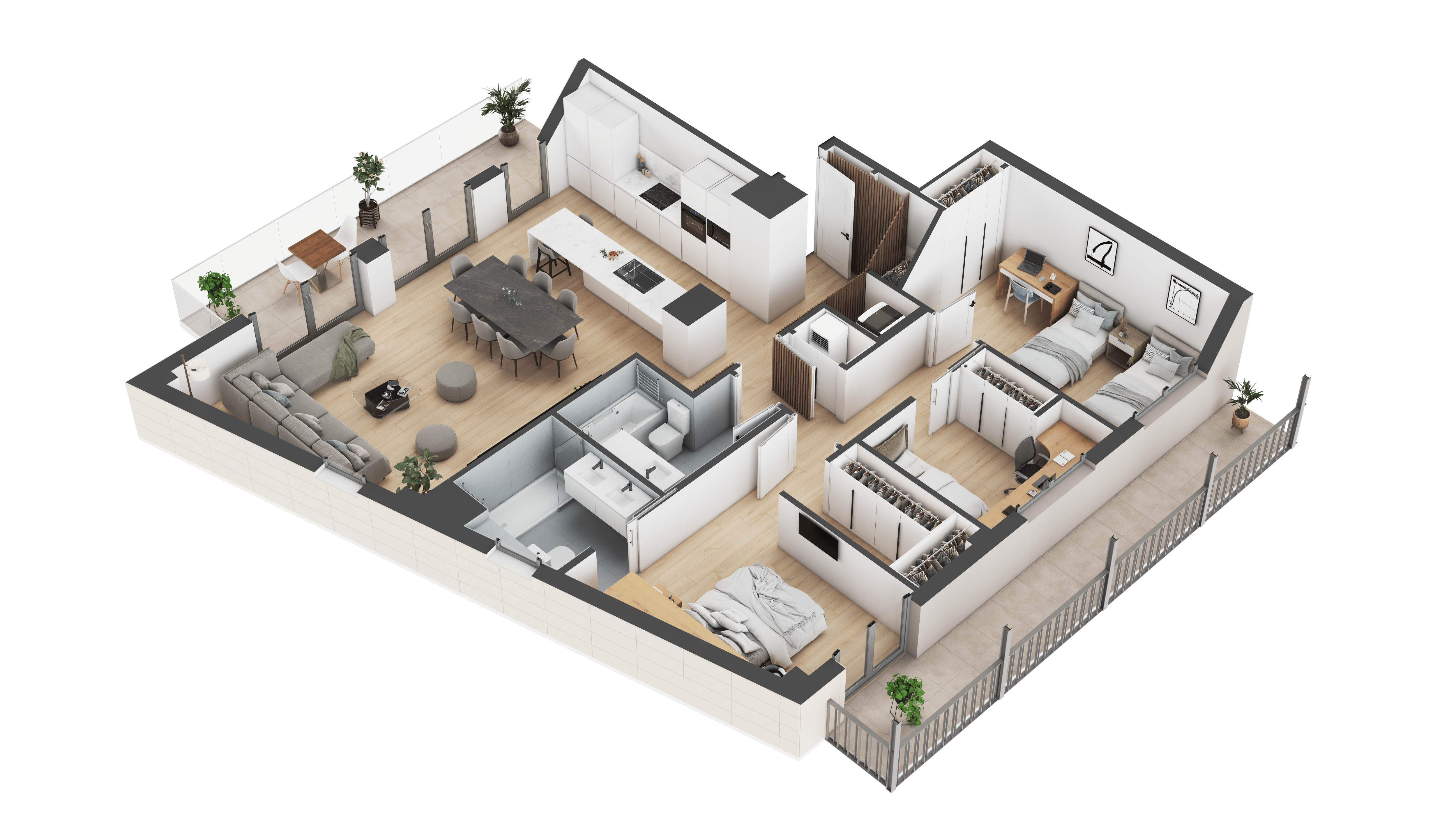 High definition rendering of 3d model apartment in paris with 2 bedrooms, office, 1 guest bathroom and open kitchen using 4k rendering and architectural rendering online tool