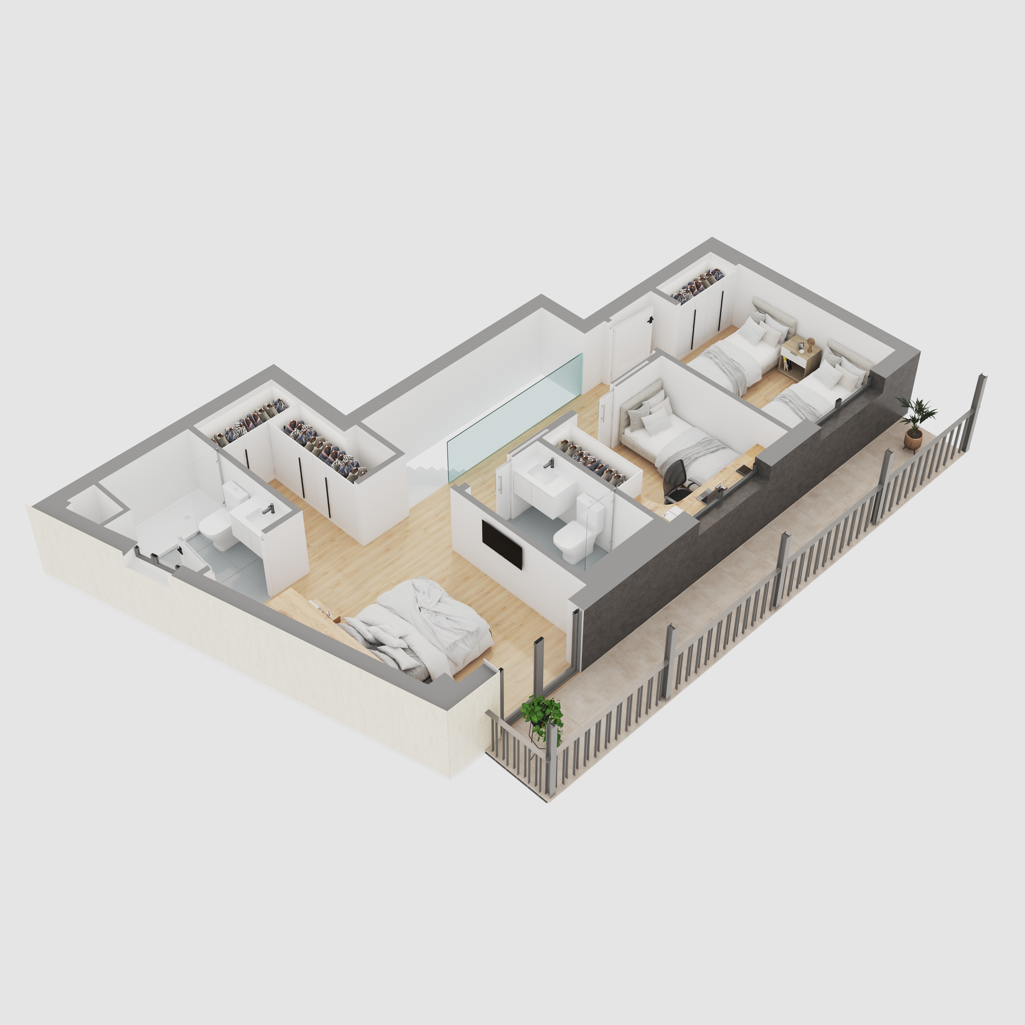 3d model rendering of house in italy with three bedrooms, balcony and high quality finishes for architecture company