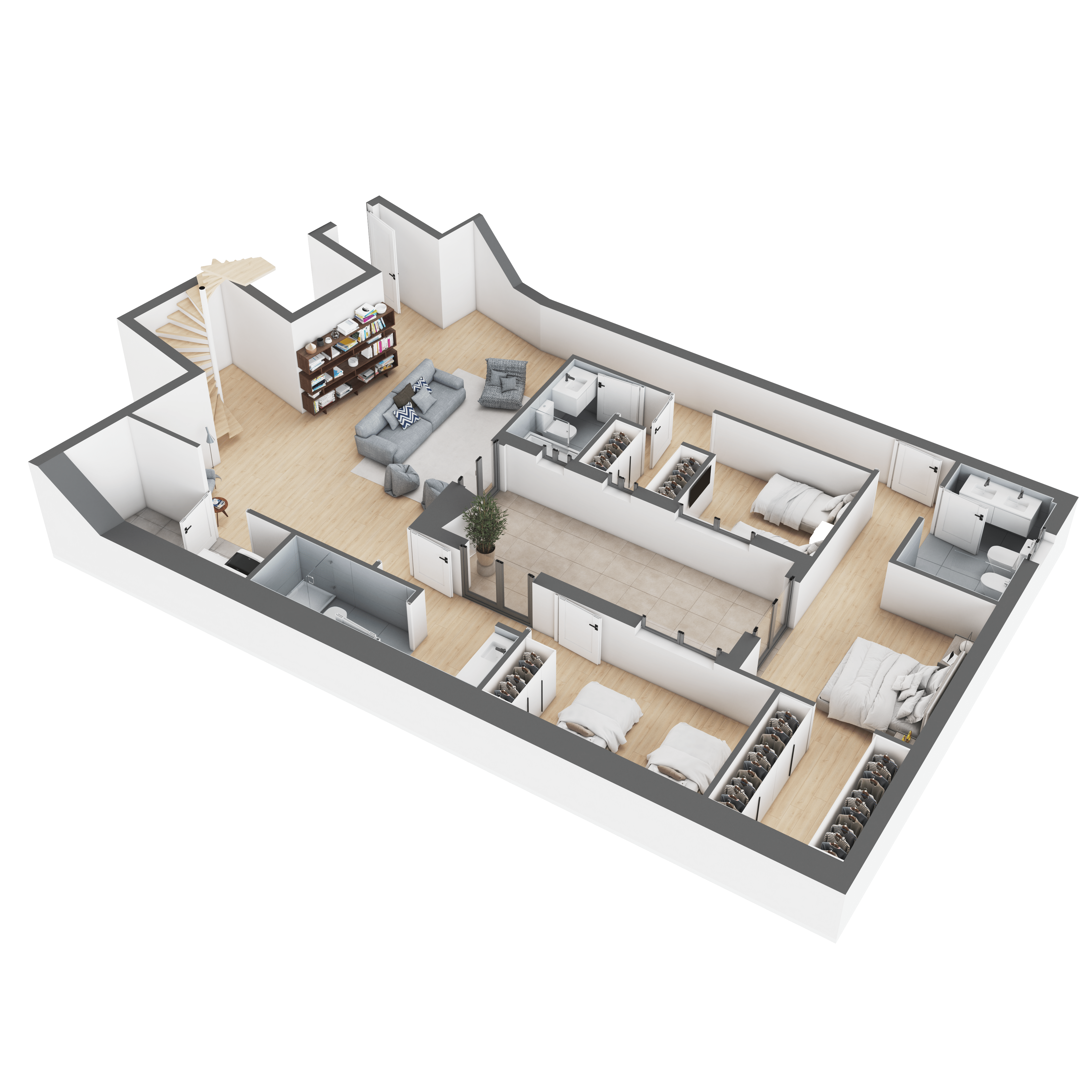 Architectural 3d model rendering of apartment in hong kong, 3 bedroom, 1500 square feet, interior balcony and skylight, open kitchen for real estate firm