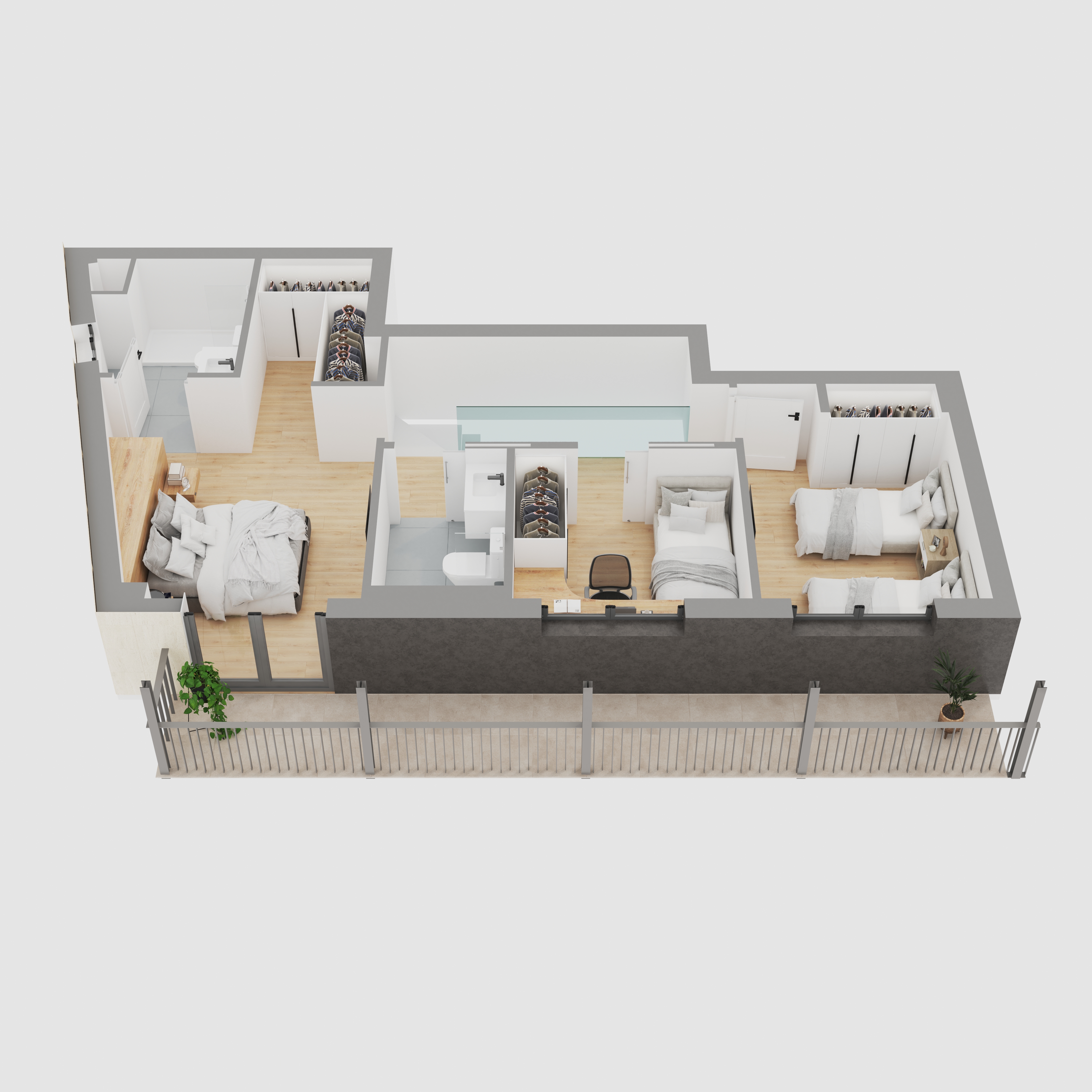 Fast delivery interior design 3d model render of 2nd floor of house in the hamptons featuring balcony with ocean views, wooden floors, and master bedroom for 300$
