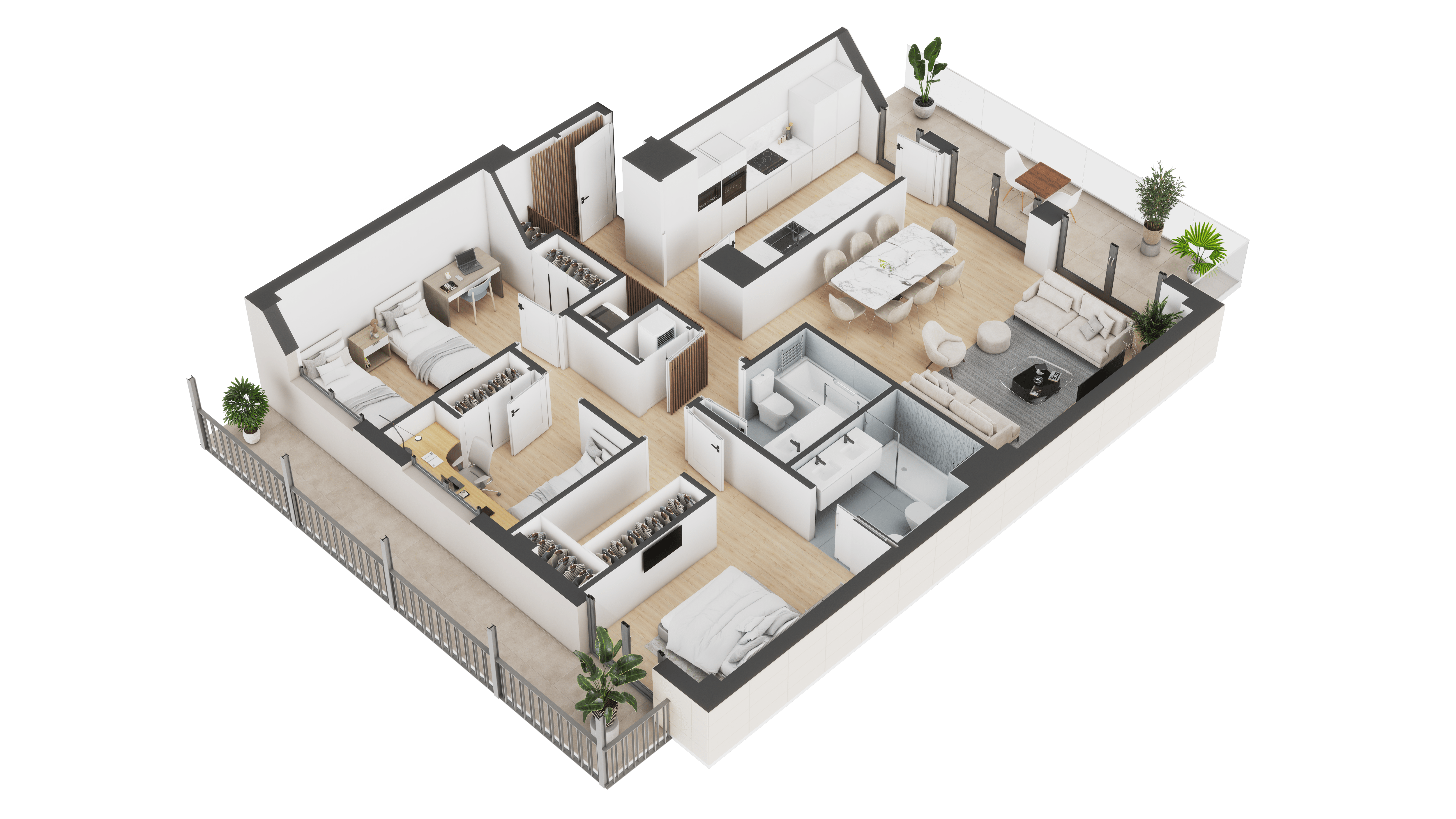 3d model render of house first floor with 3 bedrooms using 3dsm, corona, vray delivered in 72 hours using high performance rendering platform for architecture