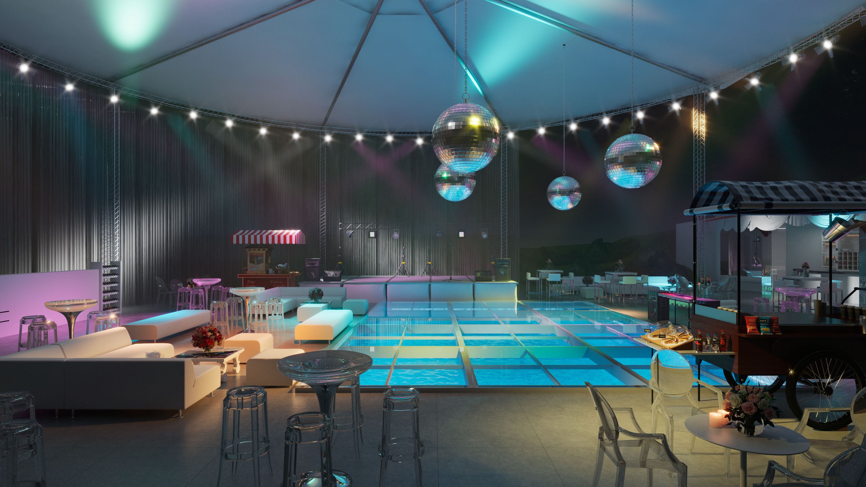 Super realistic rendering of pool covered dance floor for spanish wedding planner Tony Segui with high stools, pool cover, round circus tent and outdoor furniture