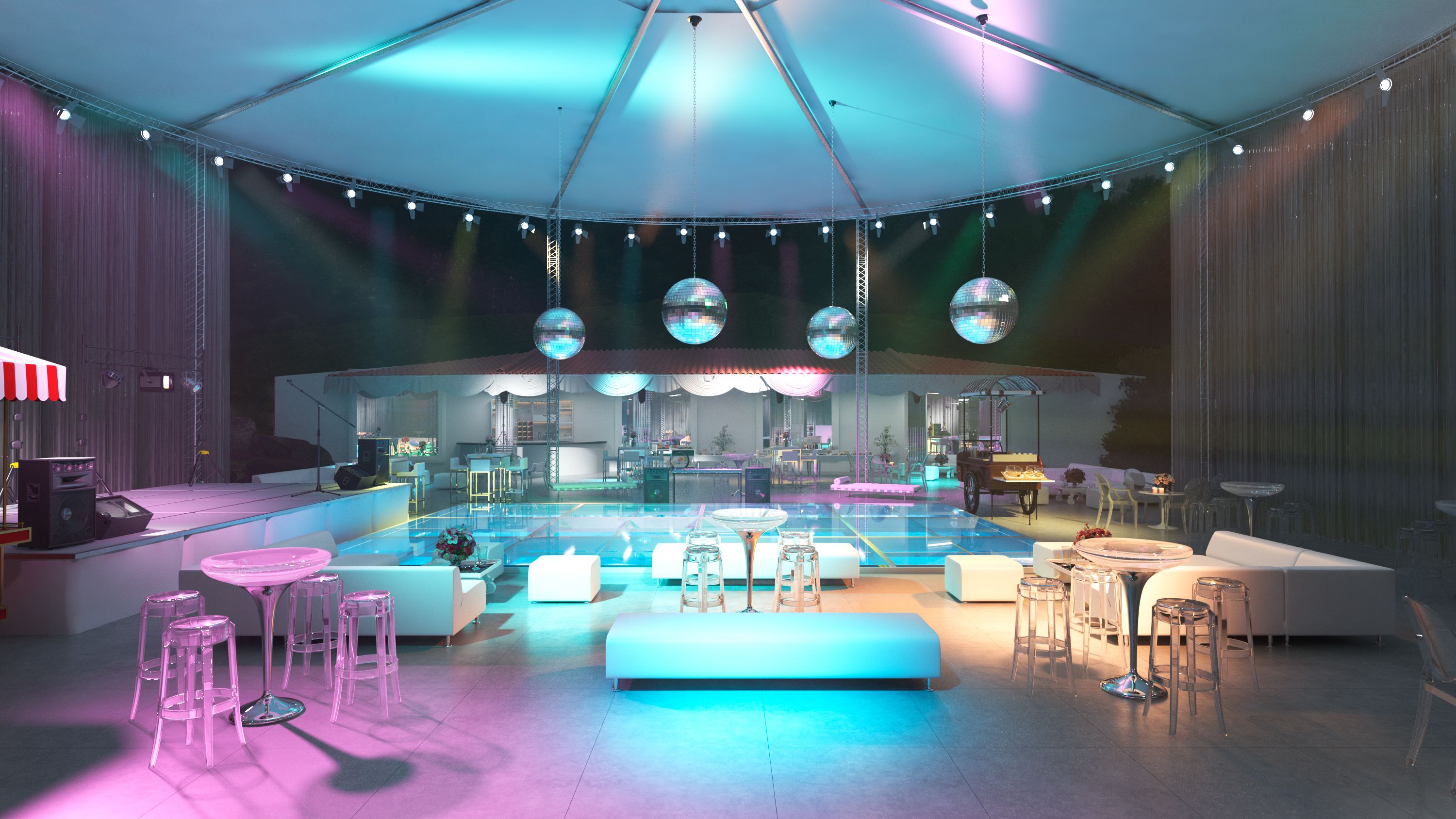 High quality rendering image of wedding dance floor, stage and chill out area with covered pool, bar area, and pendant disco balls for high profile wedding in barcelona
